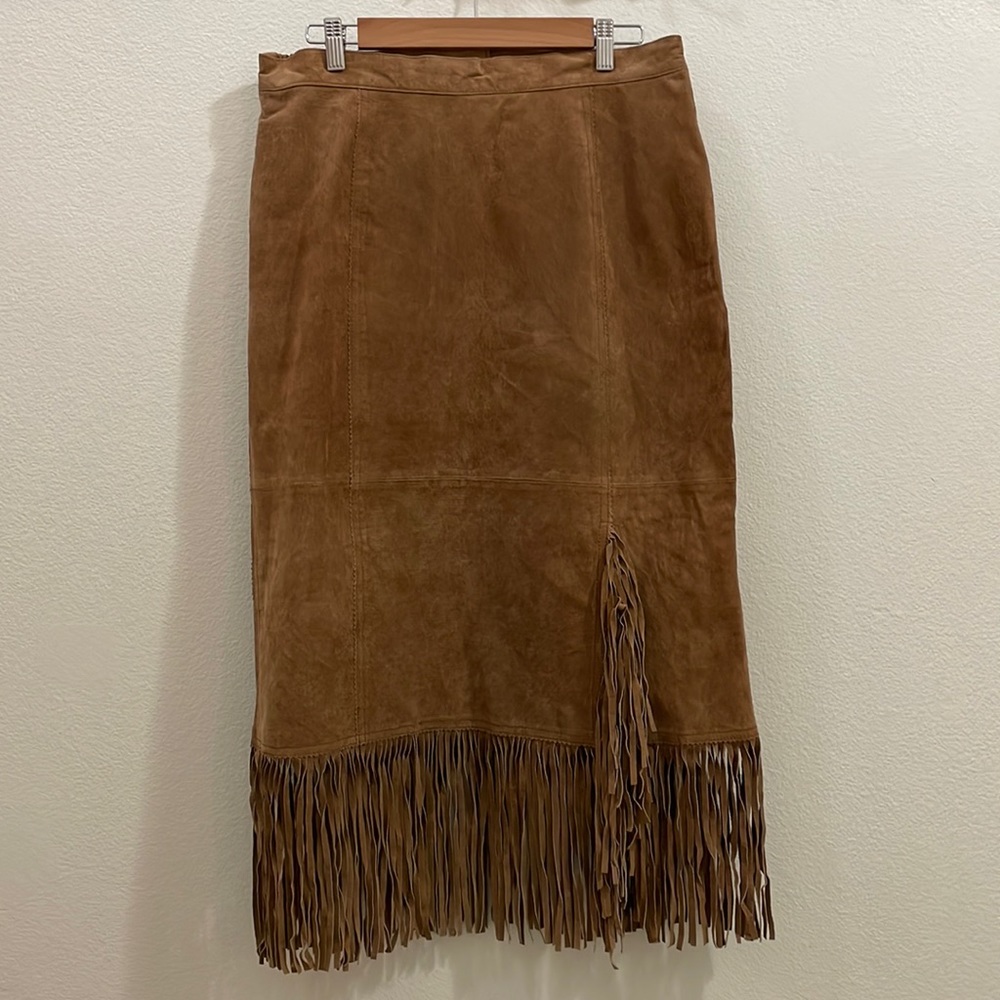 Vintage Via Accenti Genuine Suede Leather Fringe Skirt - Tan